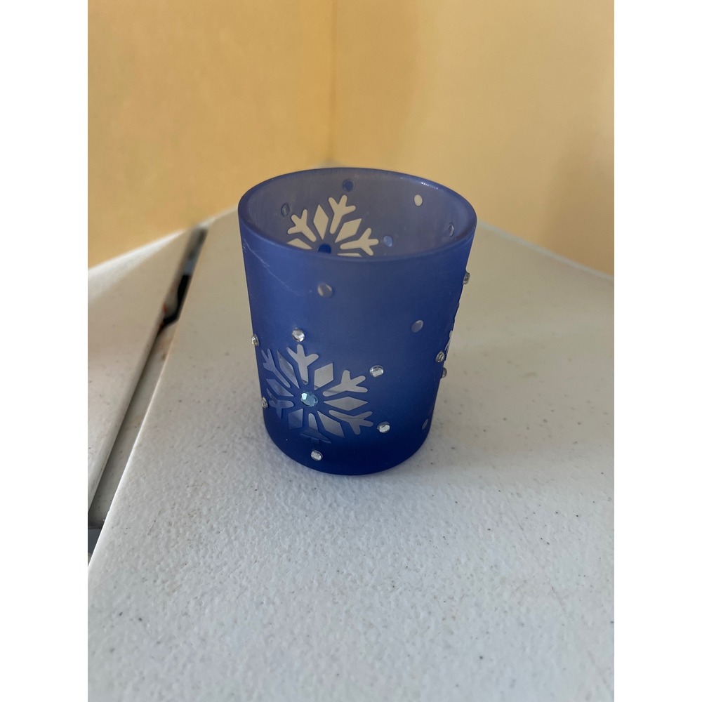 Blue Frosted Glass Snowflake Votive Candle Holder Rhinestone Winter Decor 2.5in